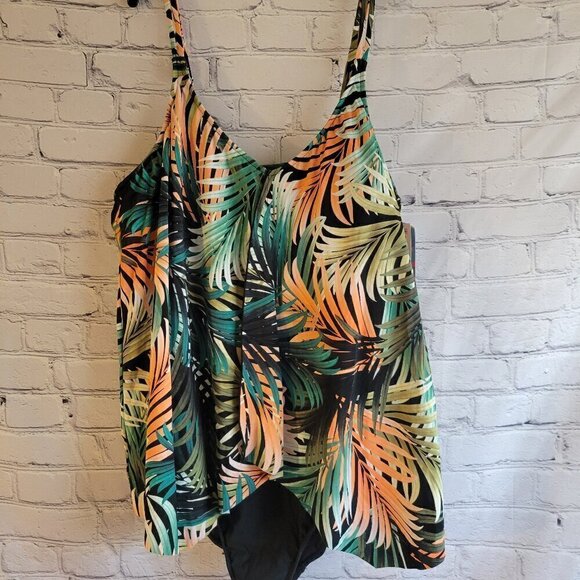 Swim Solutions Plus Size Tummy-Control Handkerchief One-Piece Fauxkini Swimsuit - Picture 1 of 7